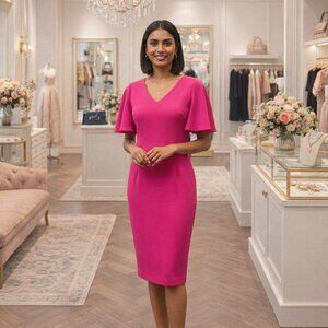 Eliza J Dress 10 NWT Pink Flutter Short Sleeve Lined Sheath Front Slit